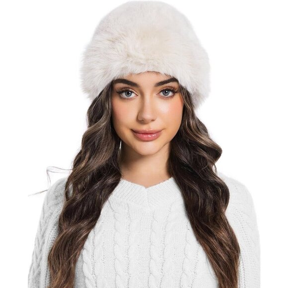 Women\'s White Faux Fur Fluffy Bucket Hat Winter Warm Fuzzy Mongolian Hat main image 4